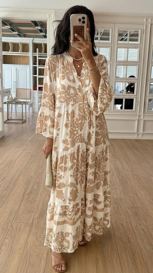 Bianca | Abito lungo boho con stampa barocca e maniche a campana