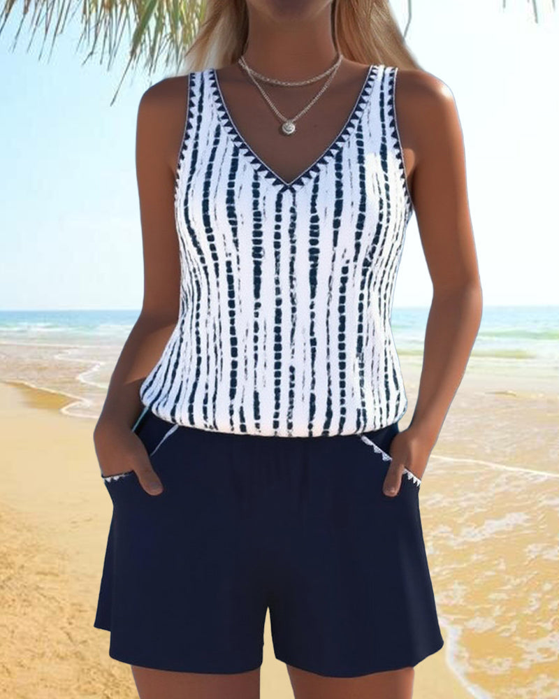 Costume da bagno casual a due pezzi con scollo a V e stampa a tasche