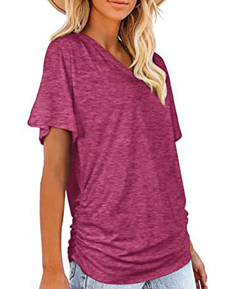 T-shirt Plissé Monocromatico con Scollo a V
