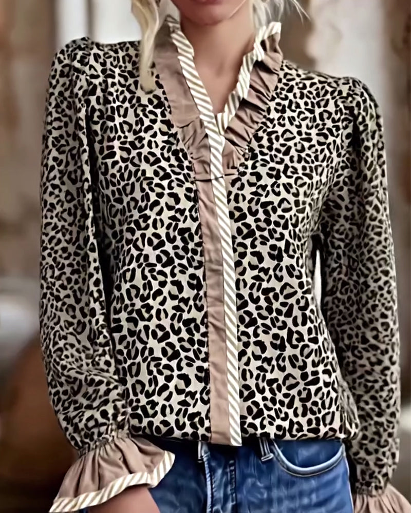 Camicetta casual a maniche lunghe con stampa leopardata
