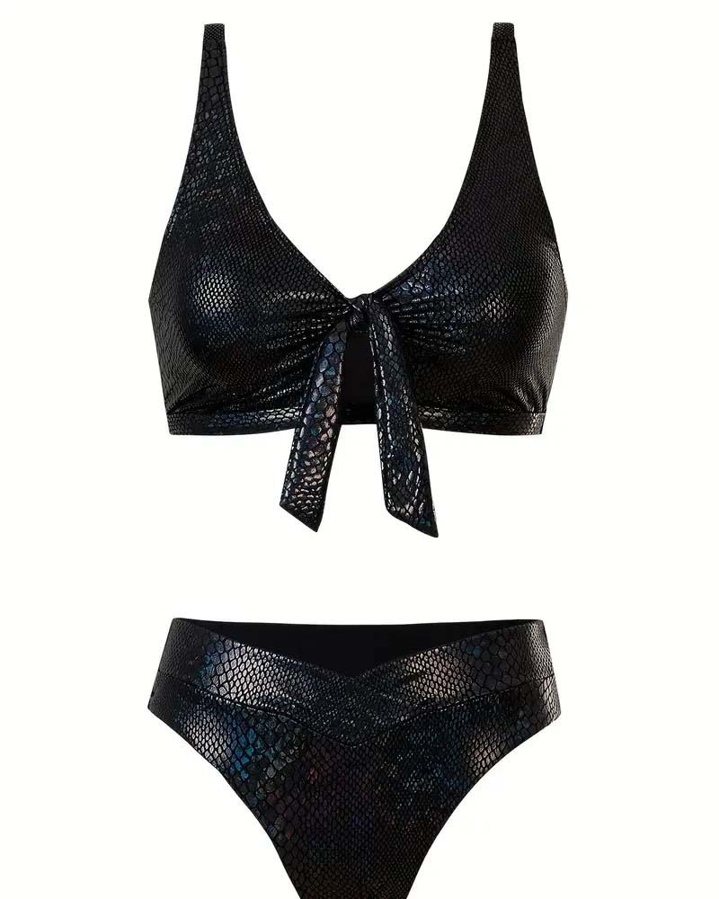 Bikini stampa serpente con laccetti, vita alta, triangolo