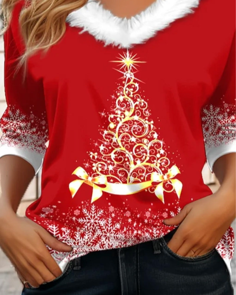 Maglia peluche con scollo a V e stampa albero di Natale