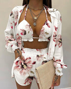 Completo bikini tre pezzi con camicia a maniche a sbuffo