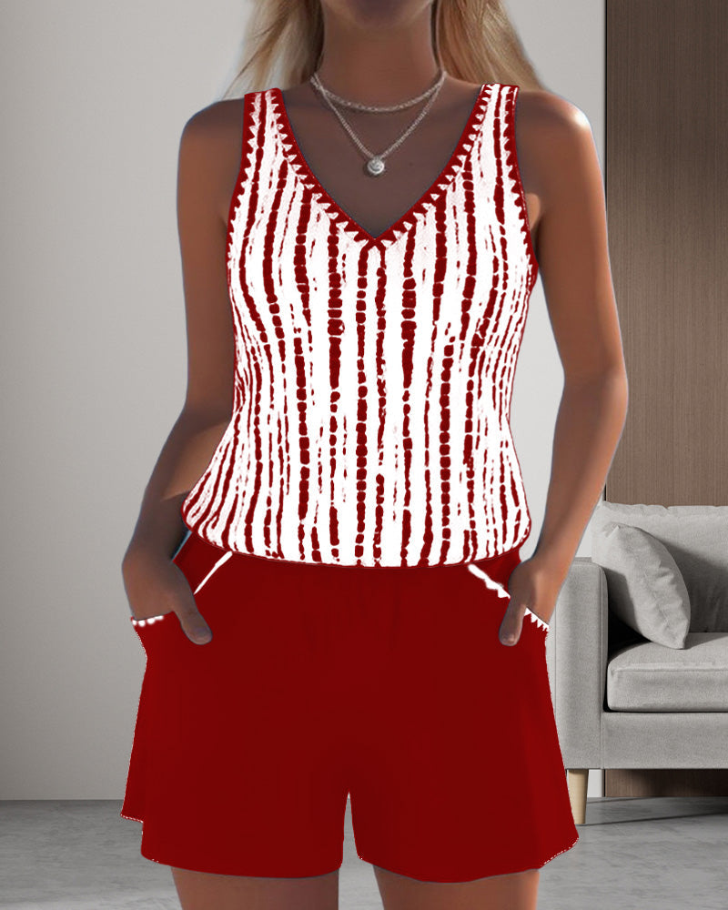 Costume da bagno casual a due pezzi con scollo a V e stampa a tasche