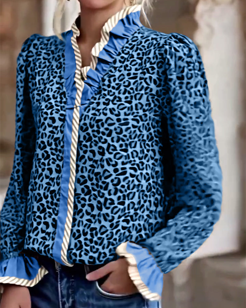 Camicetta casual a maniche lunghe con stampa leopardata