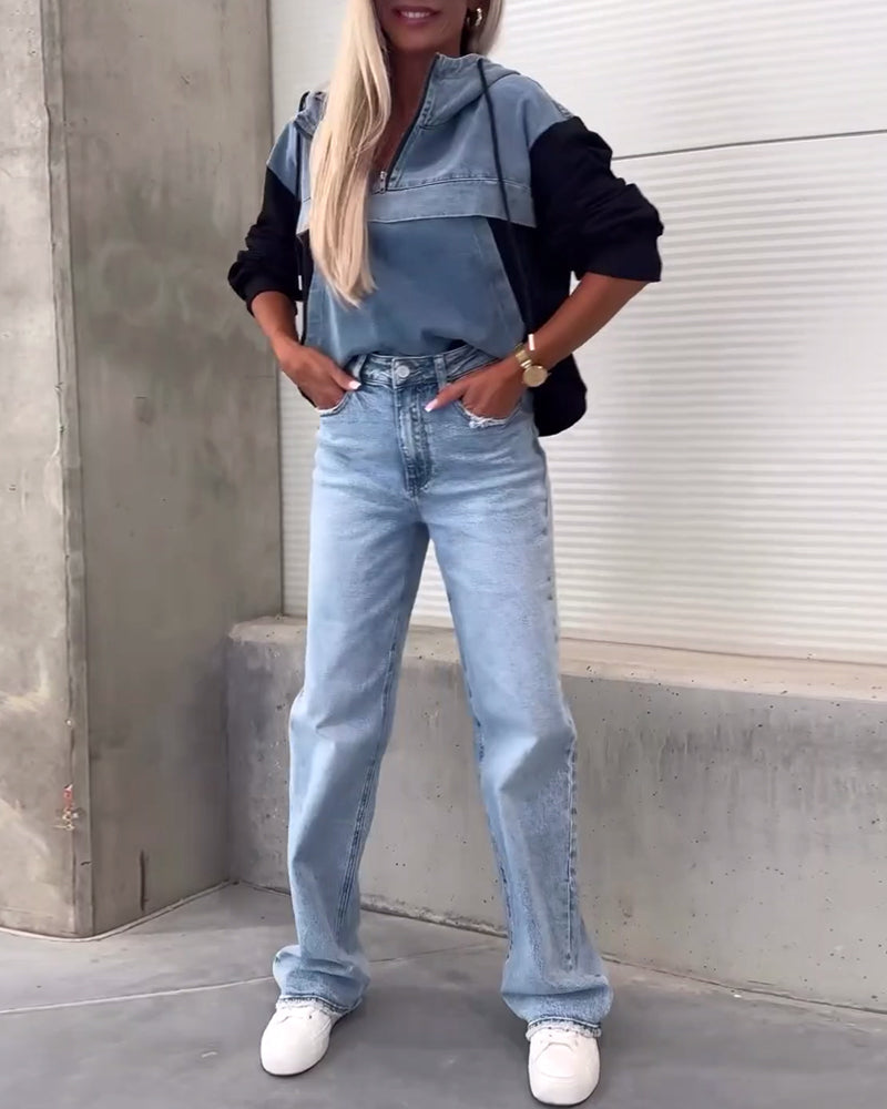 Felpa con cappuccio e zip in denim patchwork casual