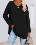T-shirt donna tinta unita scollo a V maniche lunghe