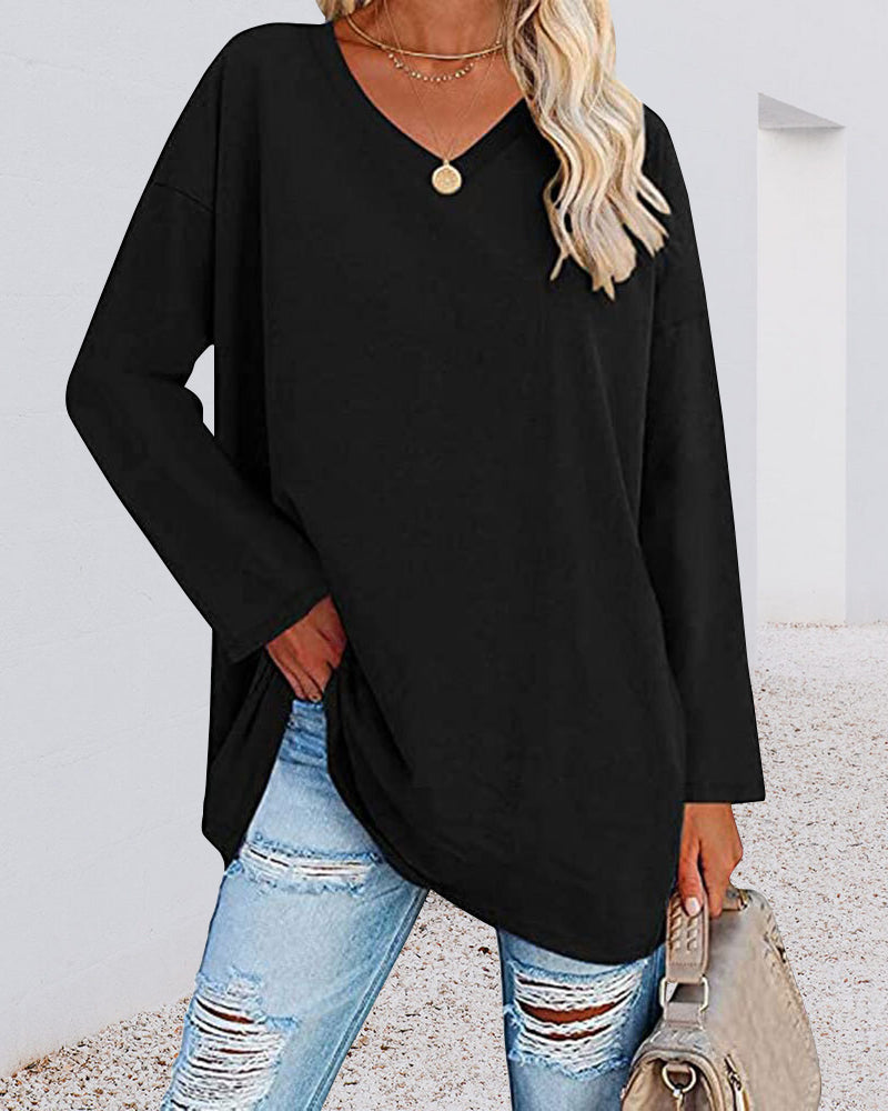 T-shirt donna tinta unita scollo a V maniche lunghe
