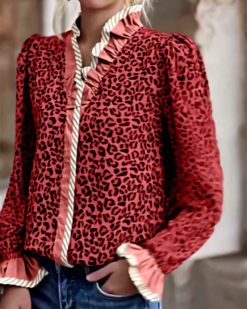 Camicetta casual a maniche lunghe con stampa leopardata