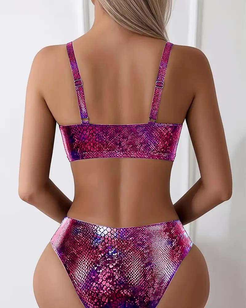 Bikini stampa serpente con laccetti, vita alta, triangolo