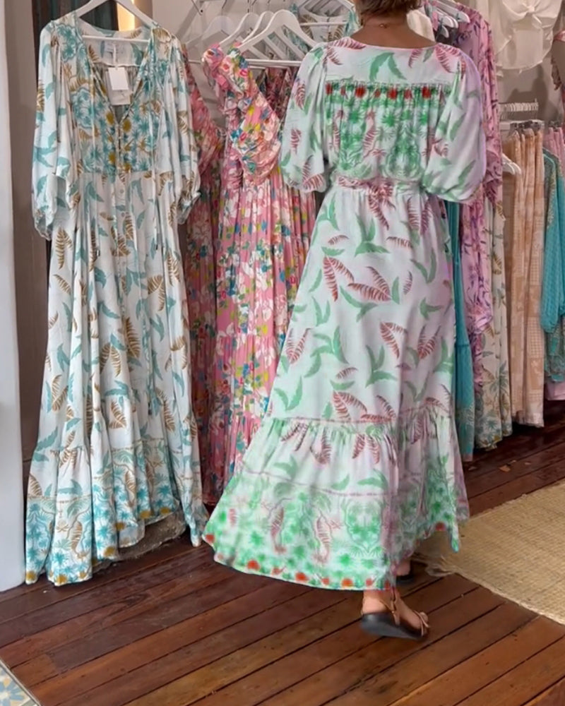 Abito lungo da donna con scollo a V e stampa foglie