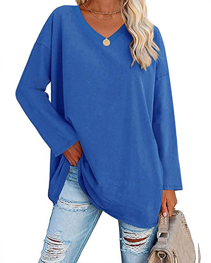 T-shirt donna tinta unita scollo a V maniche lunghe