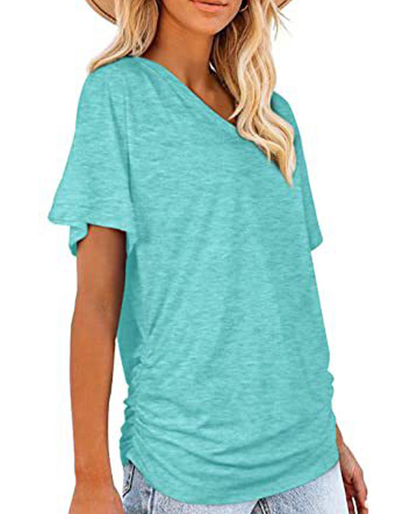 T-shirt Plissé Monocromatico con Scollo a V