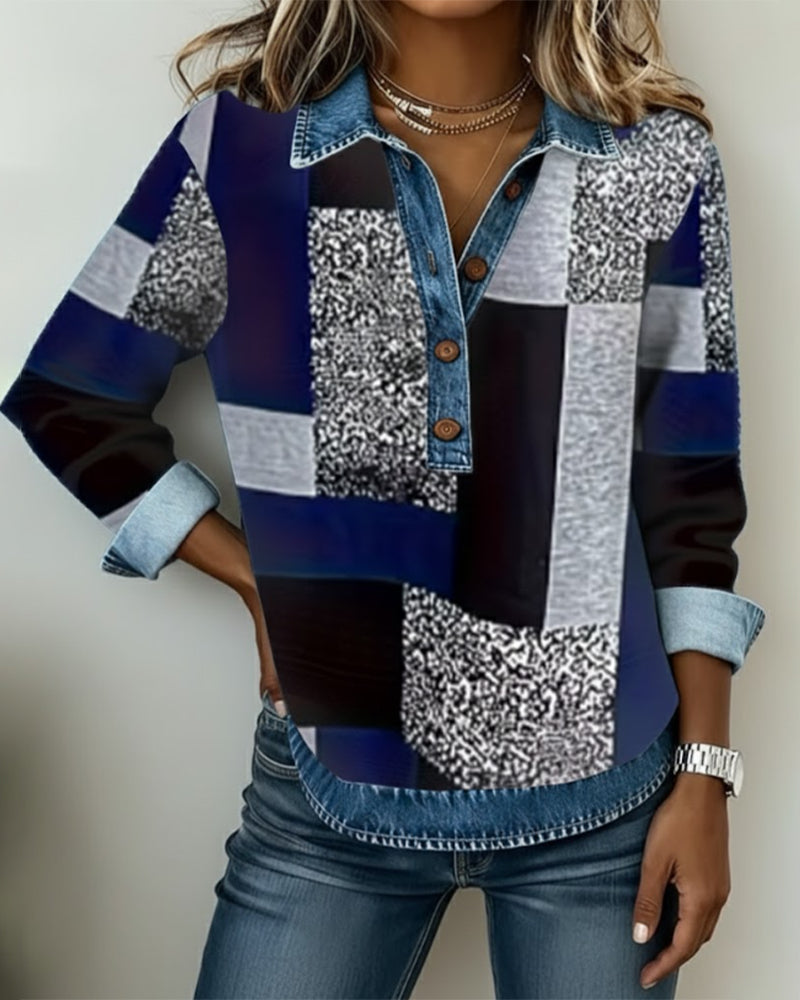Felpa in denim patchwork stampato casual