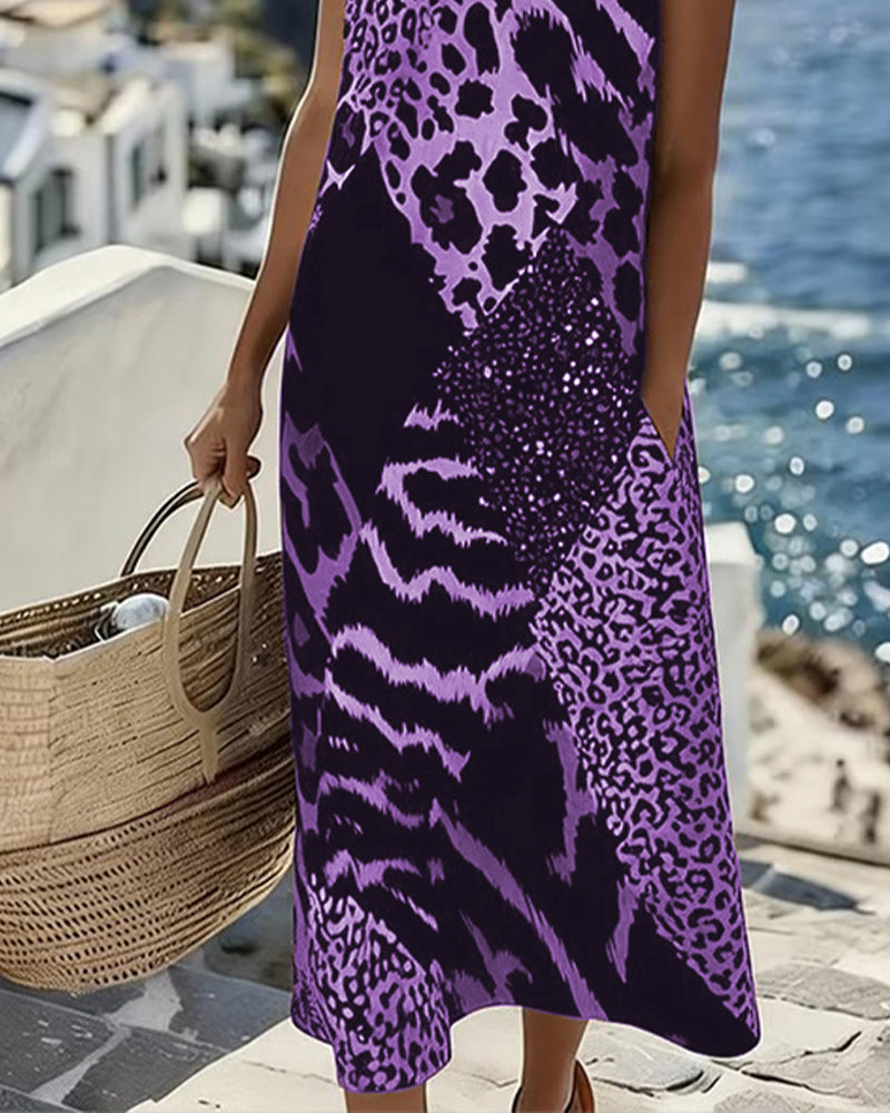 Vestito lungo senza maniche con stampa leopardata patchwork