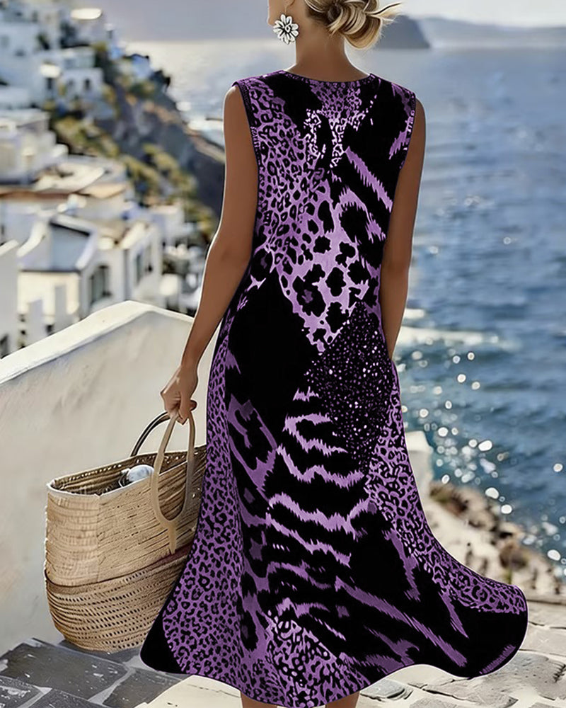 Vestito lungo senza maniche con stampa leopardata patchwork