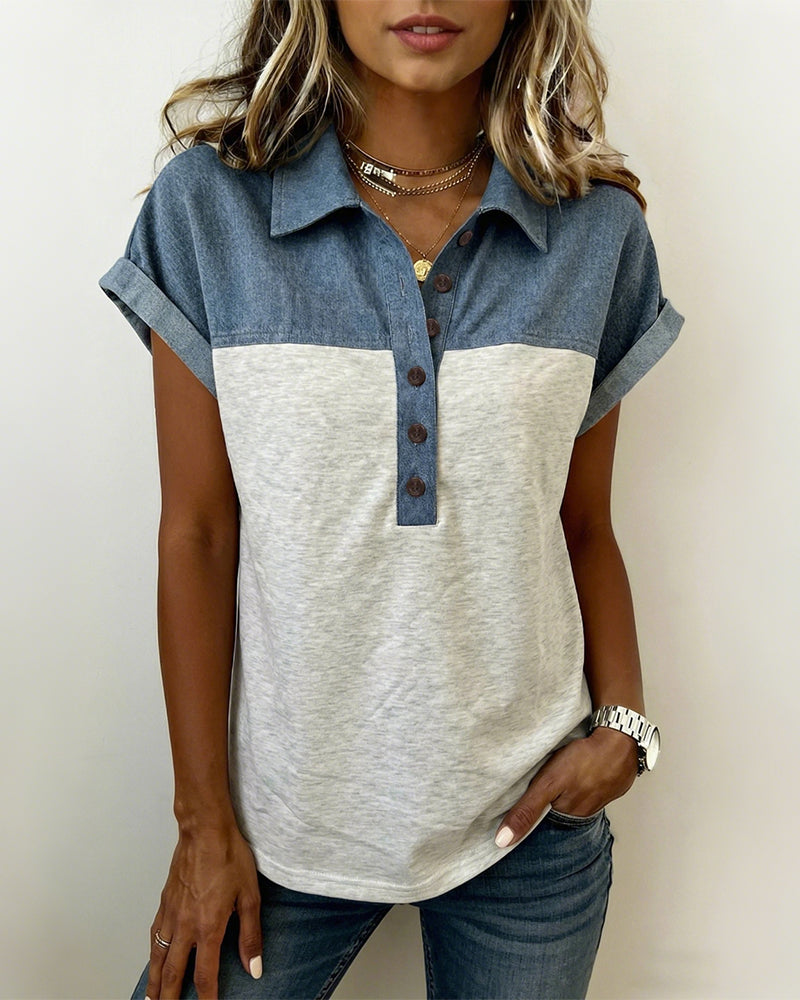 T-Shirt Abbottonatura Patchwork Collo Rovesciato
