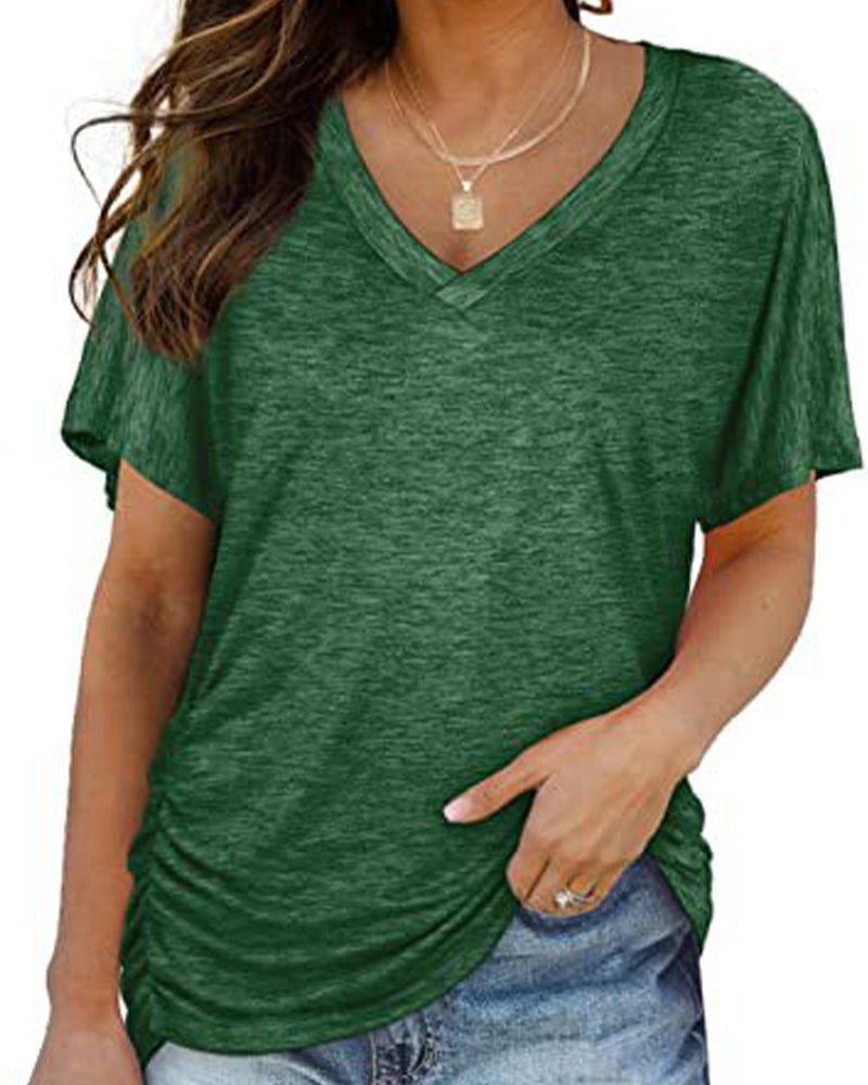 T-shirt Plissé Monocromatico con Scollo a V