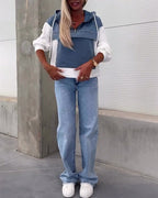 Felpa con cappuccio e zip in denim patchwork casual