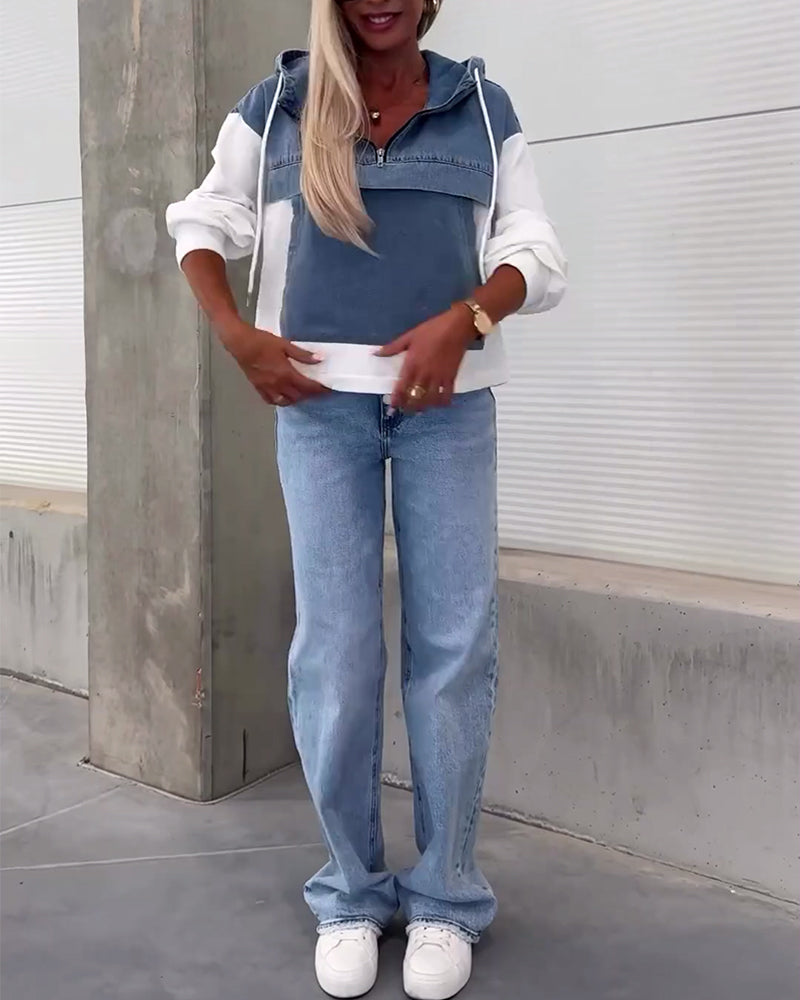 Felpa con cappuccio e zip in denim patchwork casual
