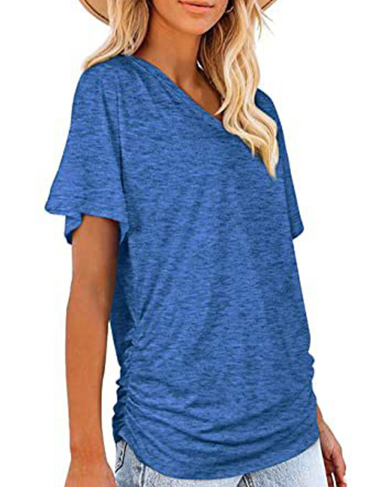 T-shirt Plissé Monocromatico con Scollo a V