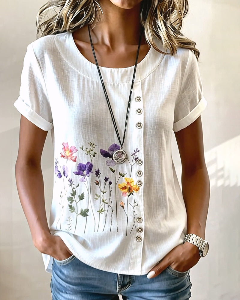 T-shirt floreale con stampa, girocollo, manica corta