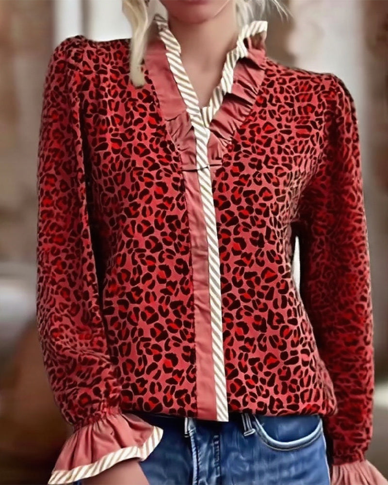 Camicetta casual a maniche lunghe con stampa leopardata