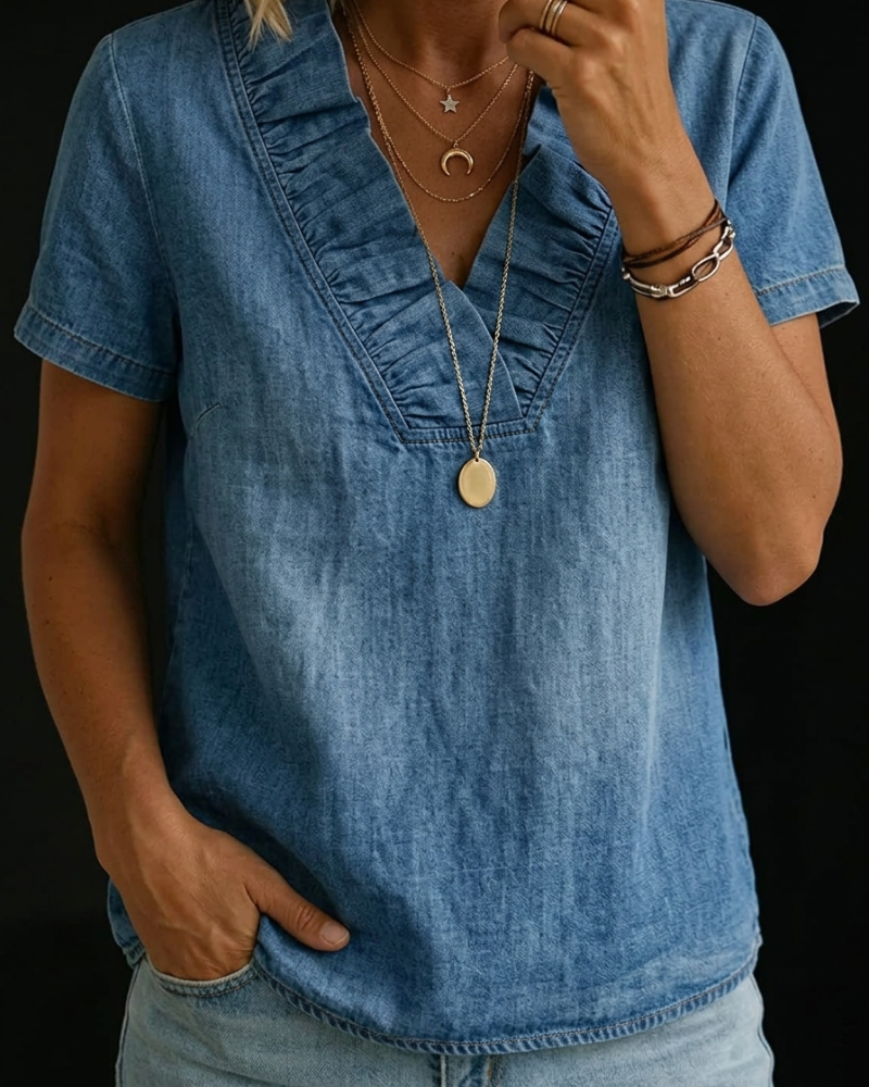 Camicetta svasata con scollo a V in denim