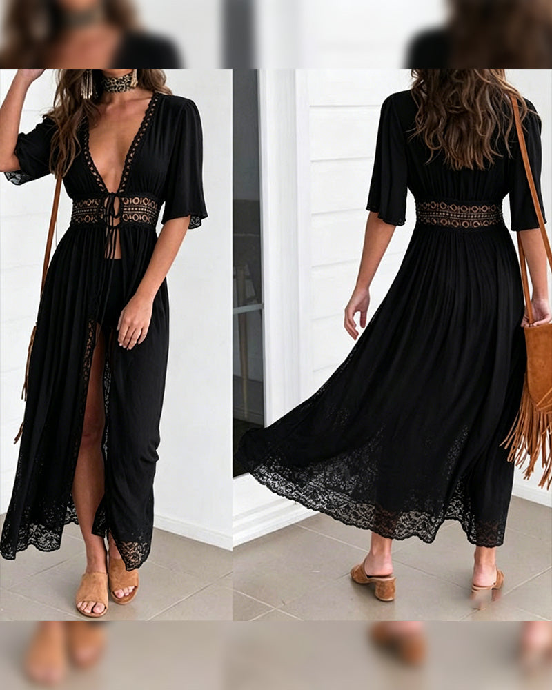 Costume da bagno copricostume in pizzo intagliato con allacciatura