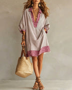 Vestito con Pannello Stampa Leopardata Manica a Sbuffo Camicia a Righe