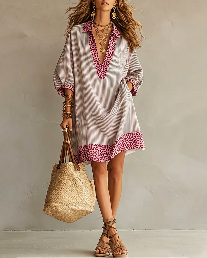 Vestito con Pannello Stampa Leopardata Manica a Sbuffo Camicia a Righe