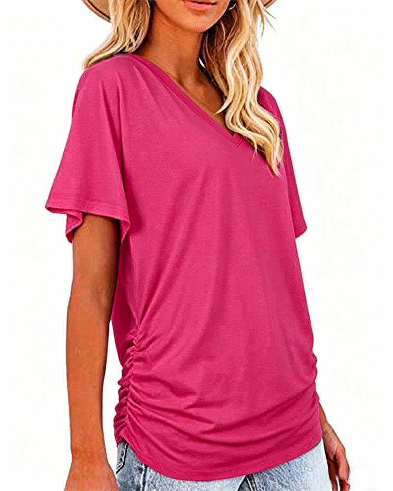 T-shirt Plissé Monocromatico con Scollo a V