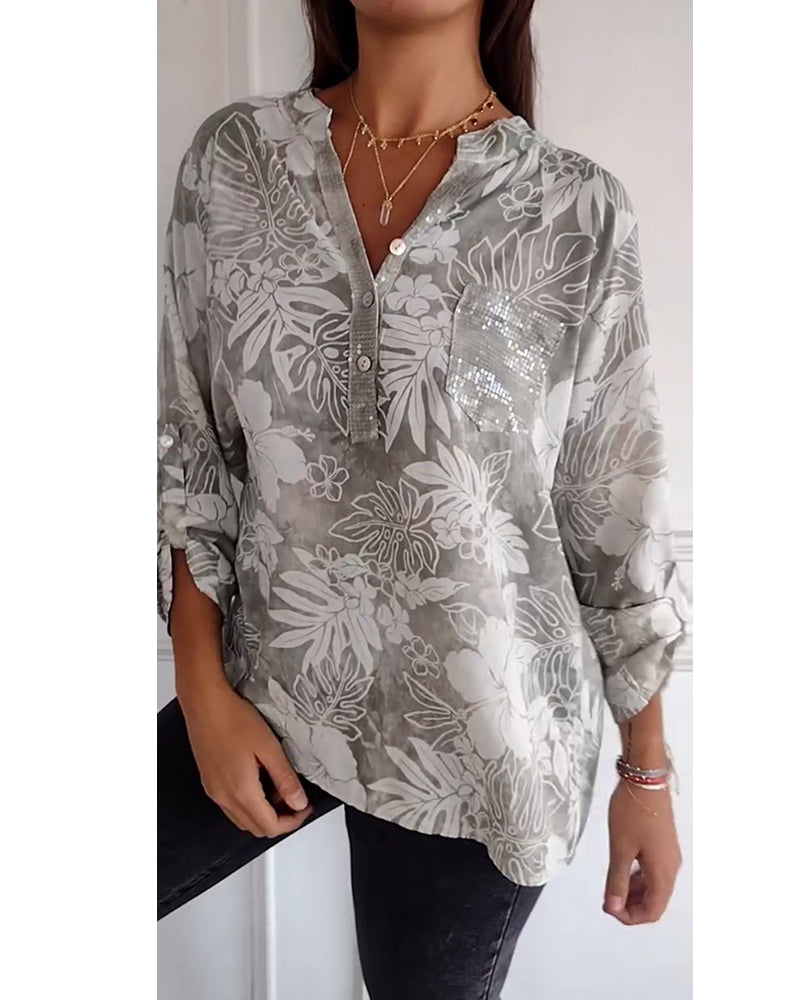 Top stampato foglie con paillettes patchwork