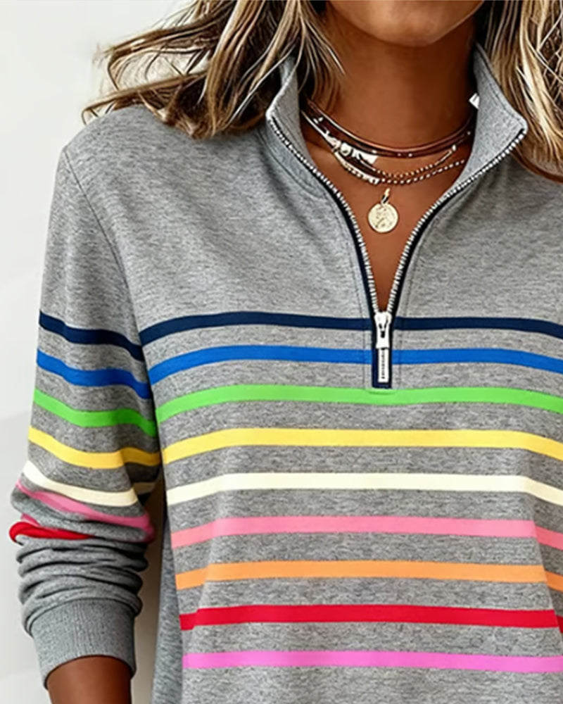 Felpa con mezza zip e strisce arcobaleno alla moda