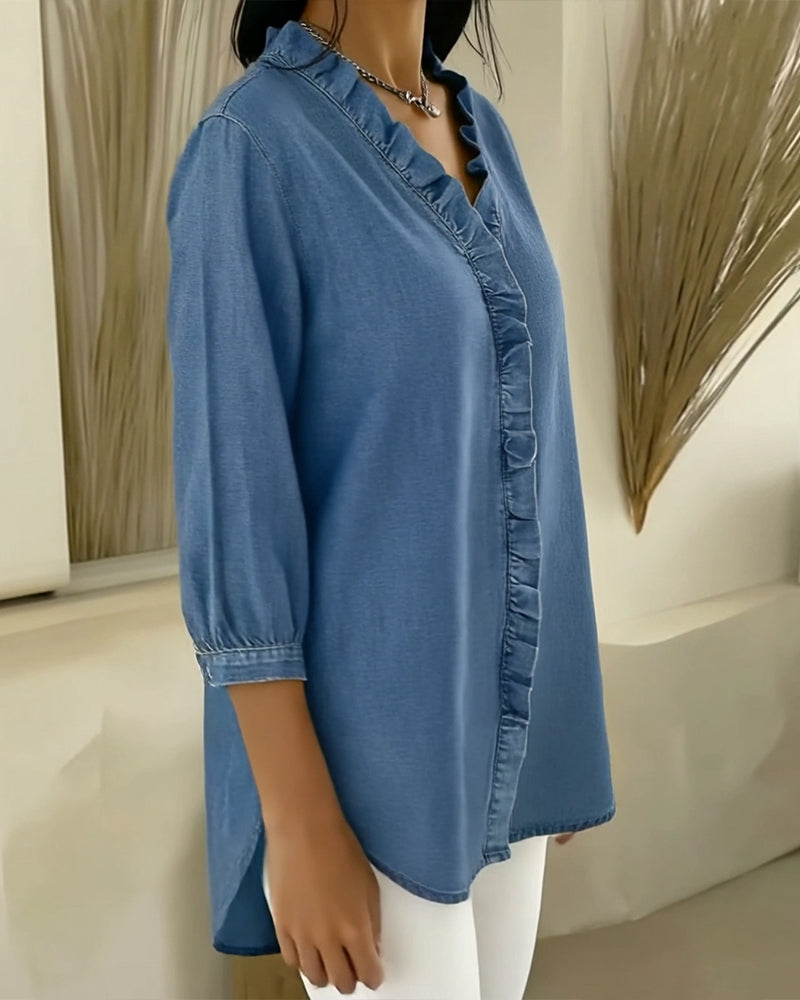 Camicetta con Volant Collo a V Denim