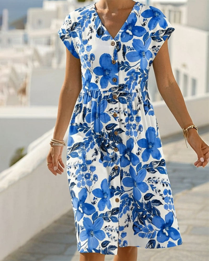 Vestito Stampa Floreale Scollo a V Maniche Corte
