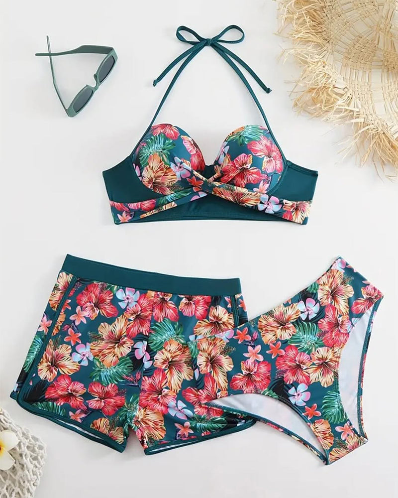 Costume da bagno casual a tre pezzi con pantaloncini a stampa floreale
