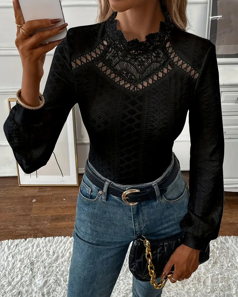 Top in pizzo girocollo maniche lunghe