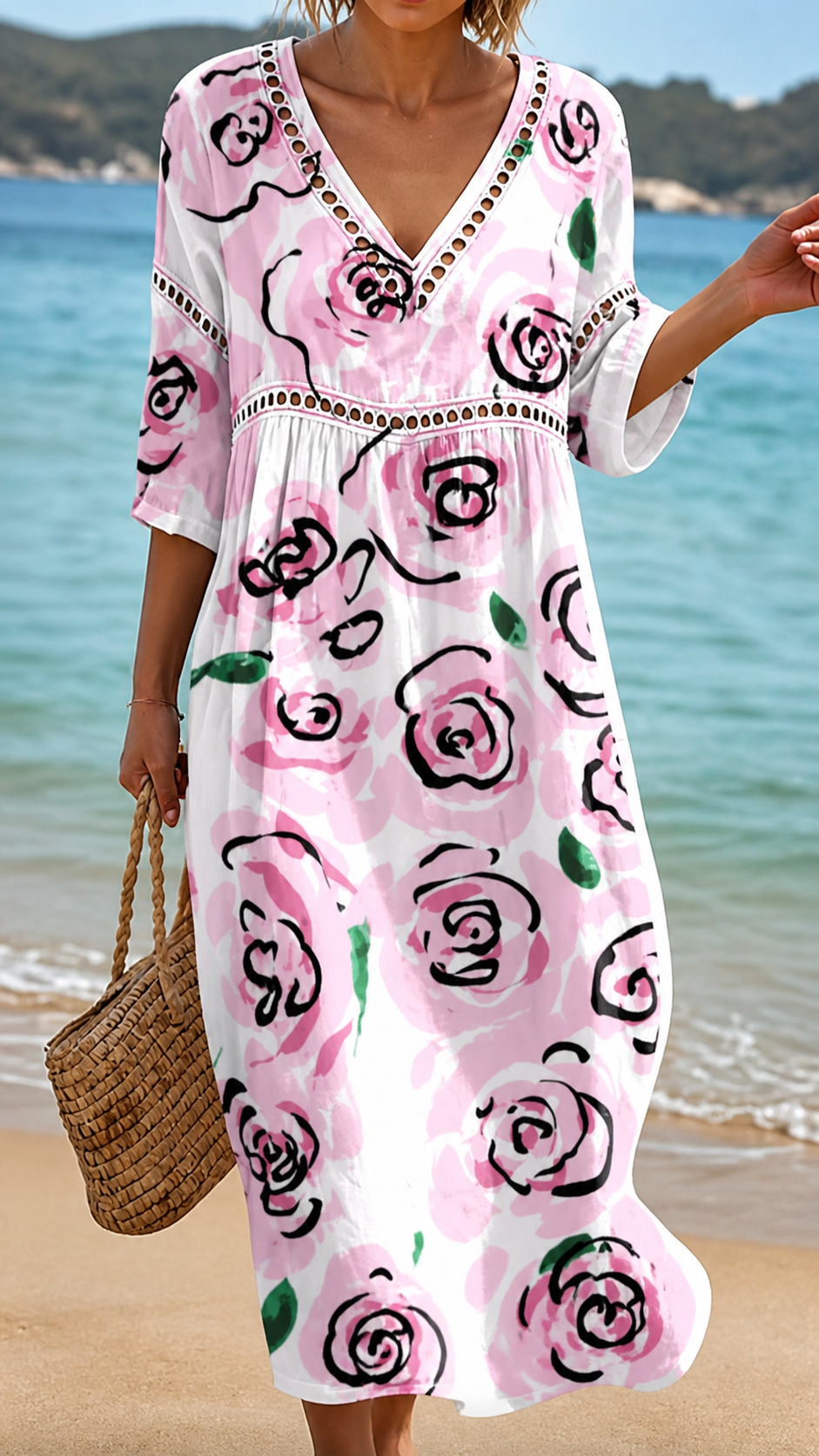 Liliana | Vestito da Spiaggia con Stampa di Rose Delicate