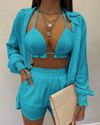 Completo bikini tre pezzi con camicia a maniche a sbuffo