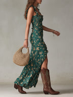Zara - Abito lungo boho retrò con maniche arricciate e spacco alto
