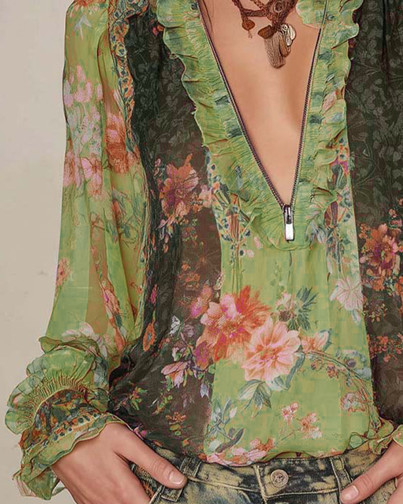 Camicetta mezza zip con stampa floreale