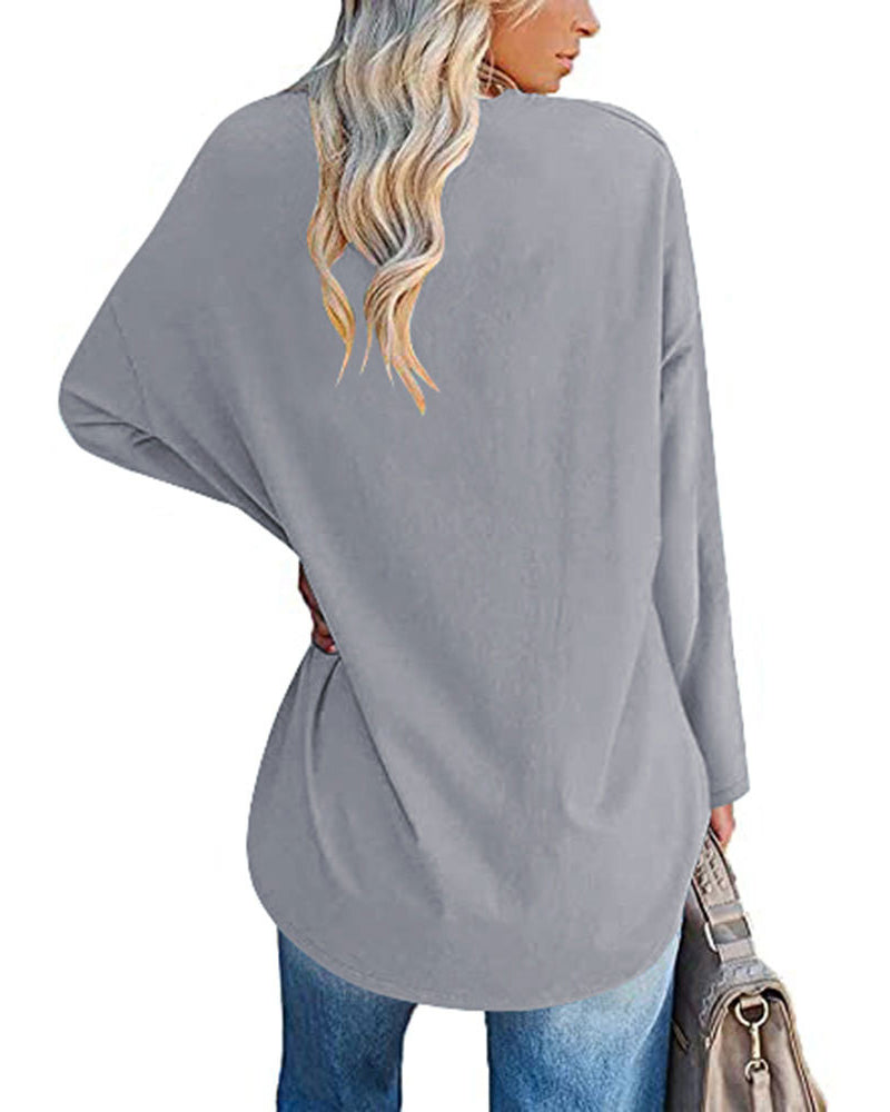 T-shirt donna tinta unita scollo a V maniche lunghe