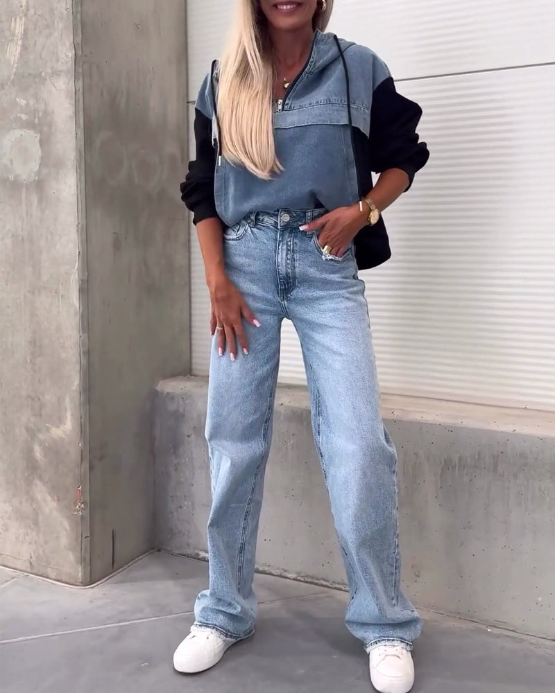 Felpa con cappuccio e zip in denim patchwork casual
