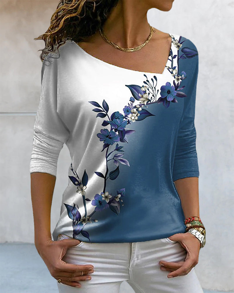 Top a maniche lunghe con scollo a V a stampa floreale