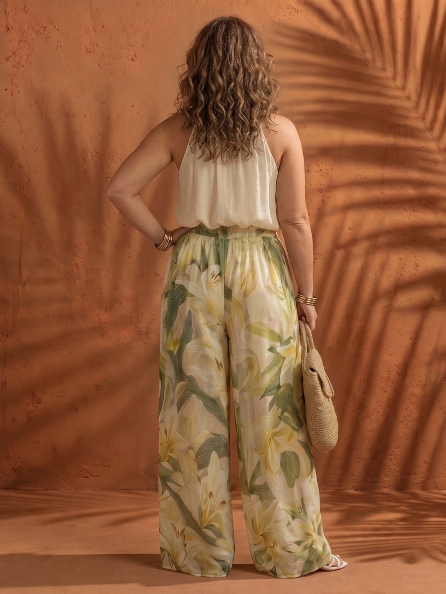 Solange | Top Halter Floreale e Pantaloni a Palazzo