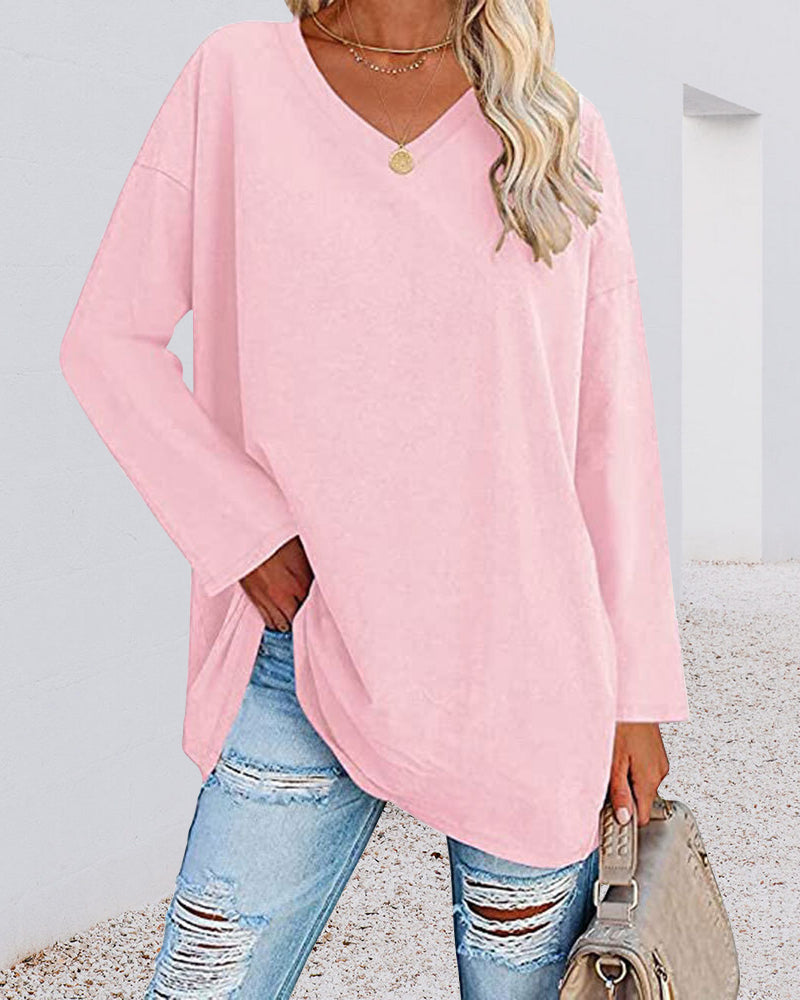T-shirt donna tinta unita scollo a V maniche lunghe