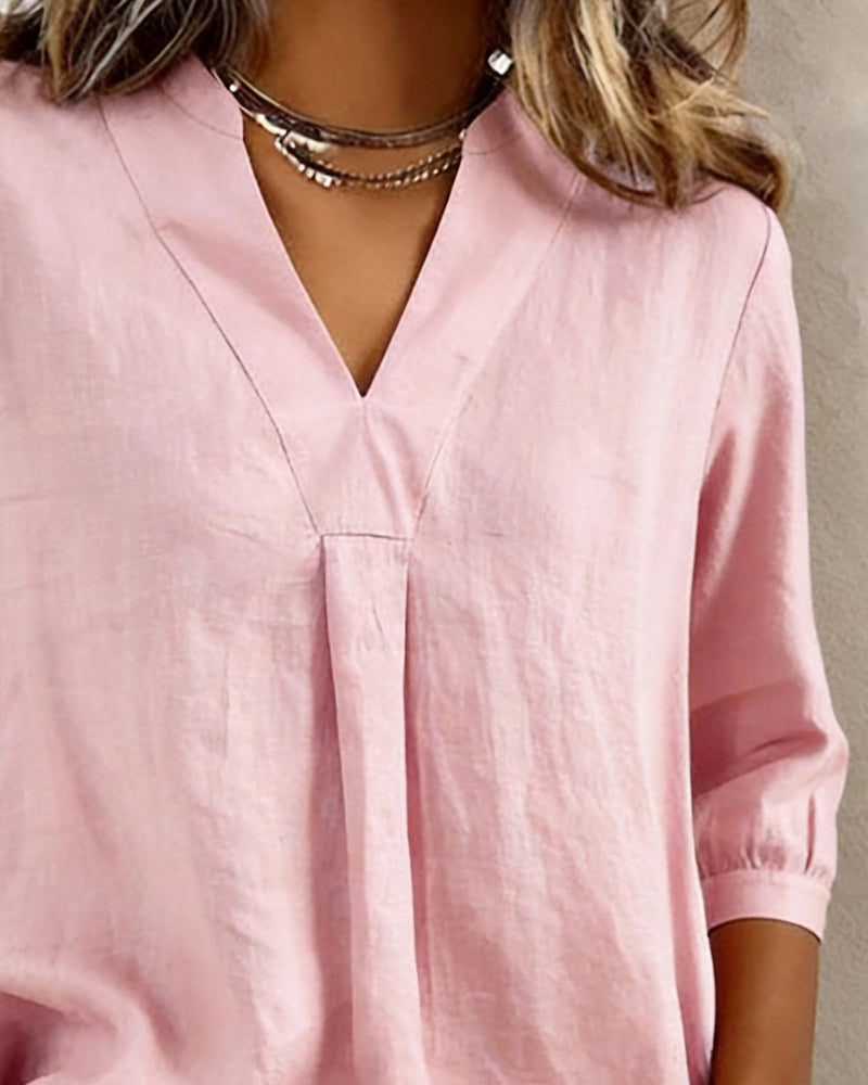 Camicetta casual in cotone tinta unita con scollo a V
