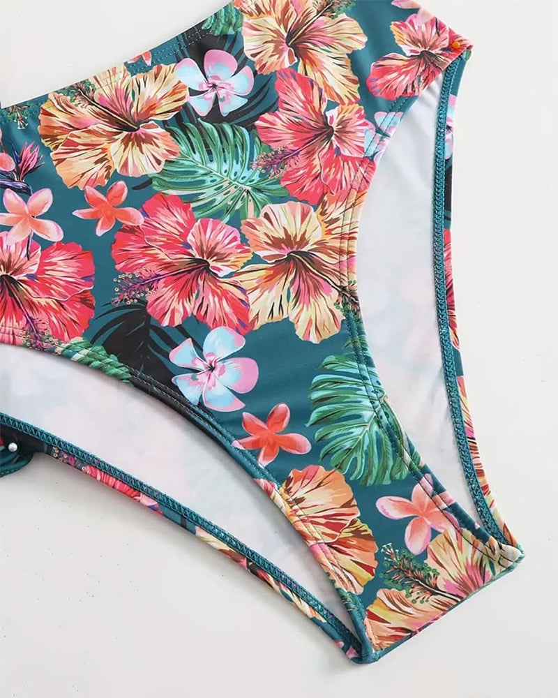 Costume da bagno casual a tre pezzi con pantaloncini a stampa floreale