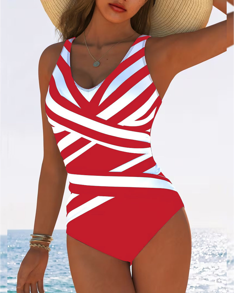 Costume da bagno intero casual a righe con scollo a V